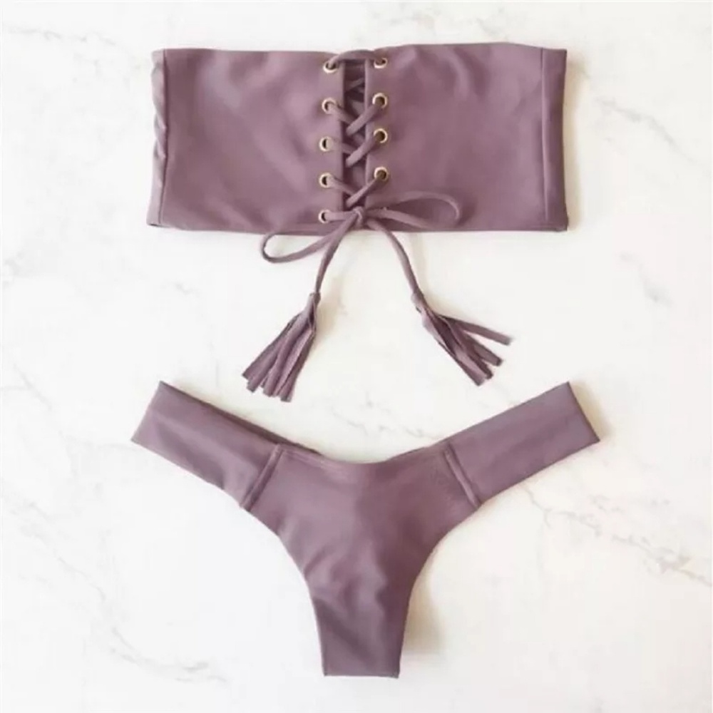 FINAL SALE!!! Bandeau lace up lavender bikini set - Picture 2 of 7